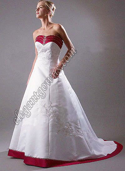 Sweetheart Neckline Strapless White And Red Wedding Dress A Line