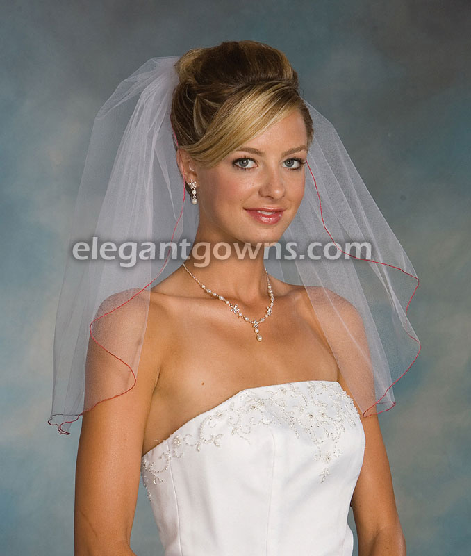 1 Tier Shoulder Length Veil With Red Pencil Edge 1-201-C-RD - Click Image to Close