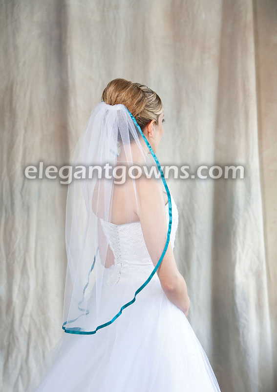 1 Tier Waist Length Veil 3/8" Aquamarine Ribbon 5-301-3R-AQ - Click Image to Close