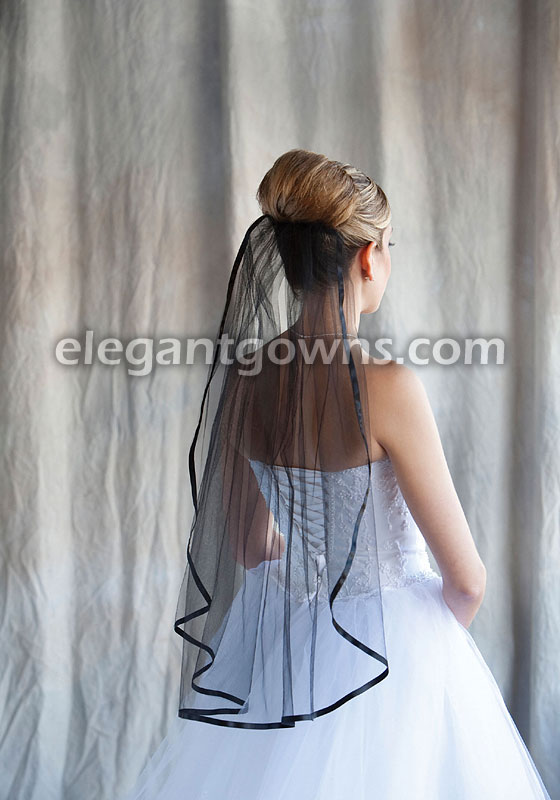 1 Tier Black Wedding Veil 3/8" Black Ribbon Edge 5-301-3R-BK-BK - Click Image to Close