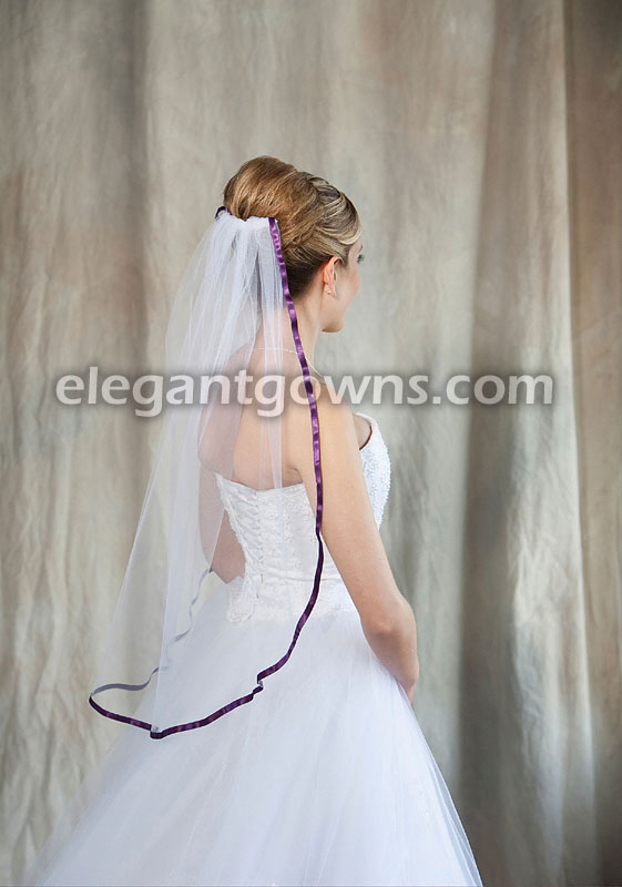 1 Tier Waist Length Veil 3/8" Eggplant Ribbon Edge 5-301-3R-EG - Click Image to Close