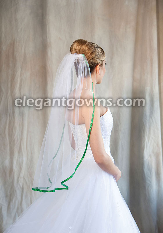 1 Tier Waist Length Veil 3/8" Emerald Green Ribbon 5-301-3R-EM - Click Image to Close