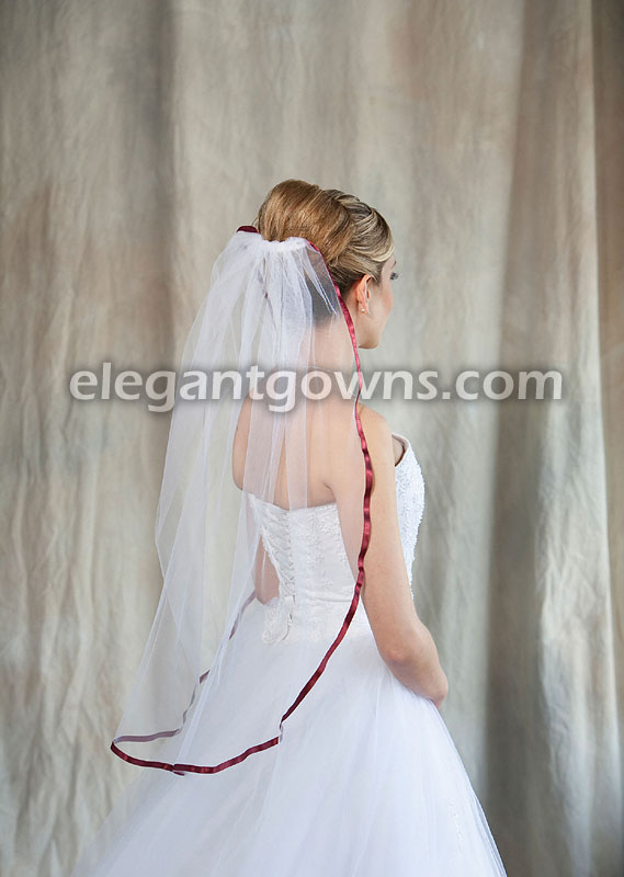 1 Tier Waist Length Veil With 3/8" Wine Ribbon Edge 5-301-3R-WN - Click Image to Close