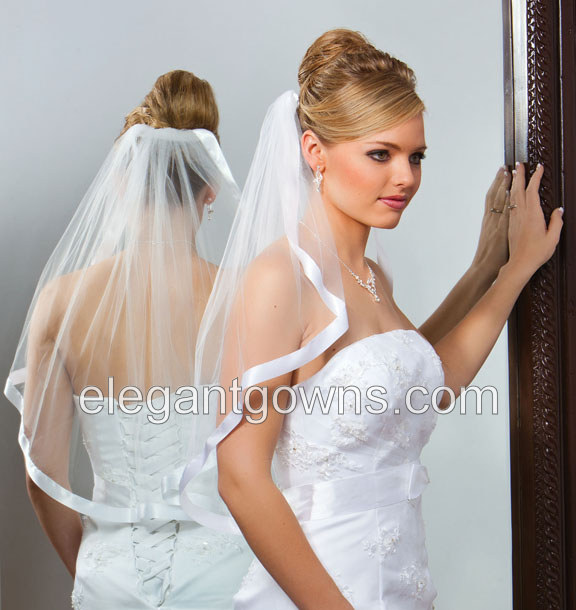 1 Tier Elbow Length 7/8" Ribbon Edge Wedding Veil 7-251-7R - Click Image to Close