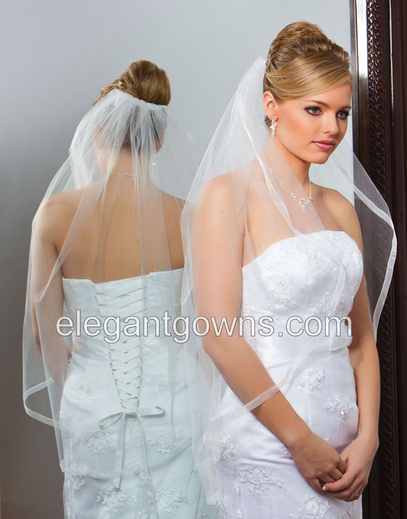 1 Tier Fingertip Length 5/8" Sheer Ribbon Wedding Veil 7-361-SR - Click Image to Close