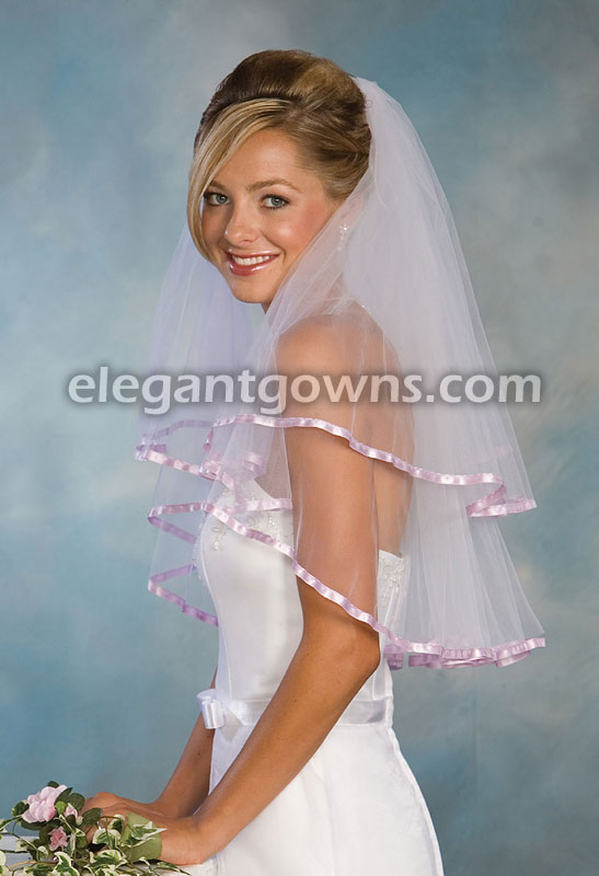 2 Tier Elbow Length Veil With 3/8" Lavender Ribbon C1-252-3R-LV - Click Image to Close