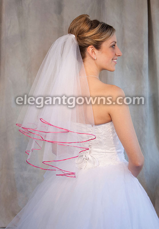 2 Tier Elbow Length Veil 1/8" Fuschia Ribbon Edge C7-252-1R-FS - Click Image to Close