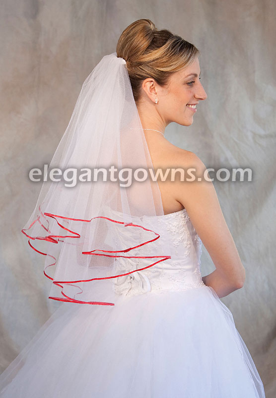 2 Tier Elbow Length Veil with 1/8" Red Ribbon Edge C7-252-1R-RD - Click Image to Close