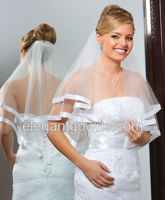 2 Tier Elbow Length 7/8" Ribbon Edge Wedding Veil C7-252-7R - Click Image to Close