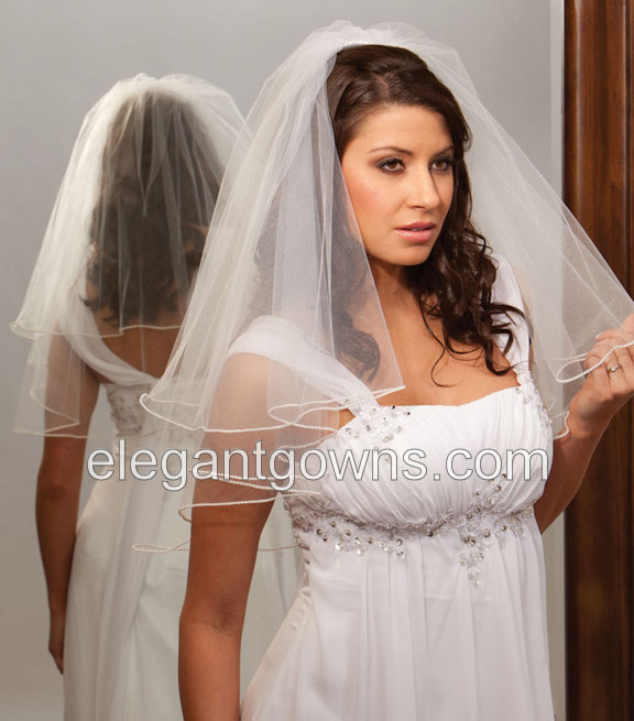 2 Tier Elbow Length Pearl Edge Wedding Veil C7-252-P - Click Image to Close