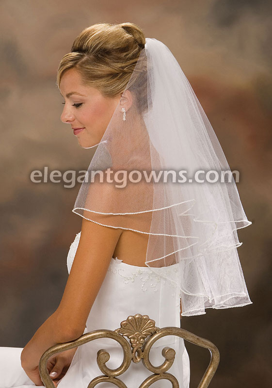 2 Tier Elbow Length Pearl Edge Wedding Veil C7-252-P - Click Image to Close