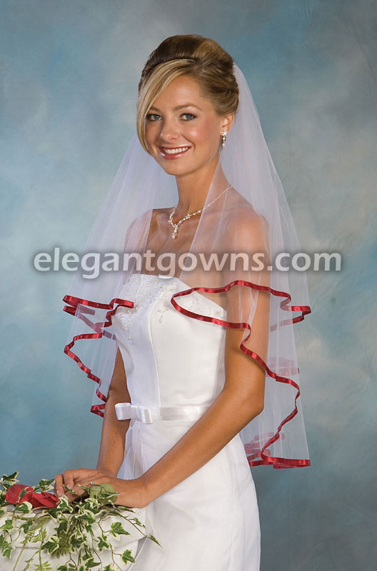 2 Tier Waist Length Veil With 3/8" Garnet Ribbon C7-302-3R-GRT - Click Image to Close