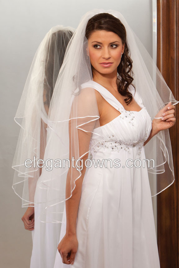 2 Tier Fingertip Length 1/8" Ribbon Edge Wedding Veil C7-362-1R - Click Image to Close