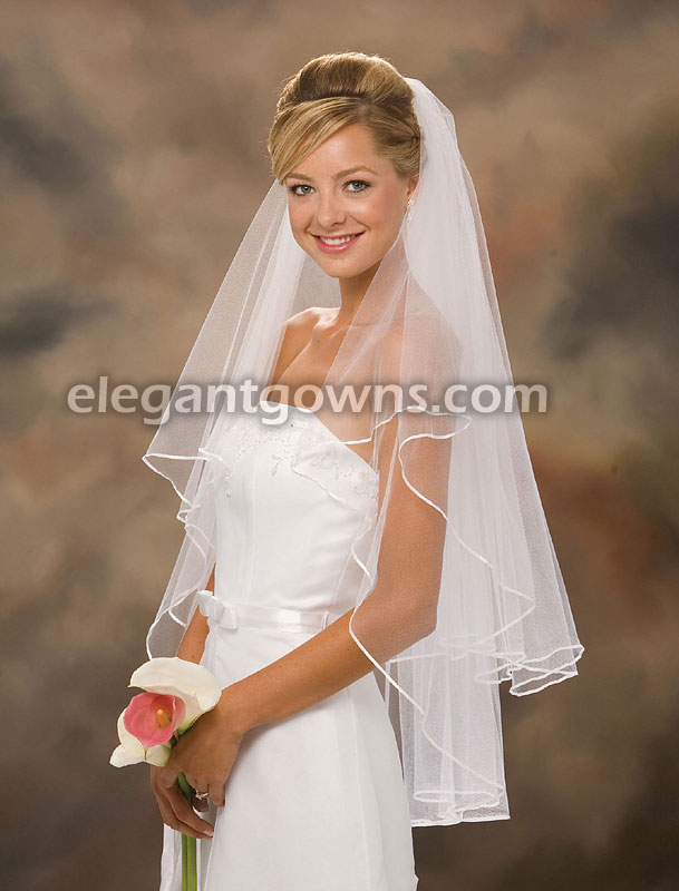 2 Tier Fingertip Length 1/8" Ribbon Edge Wedding Veil C7-362-1R - Click Image to Close
