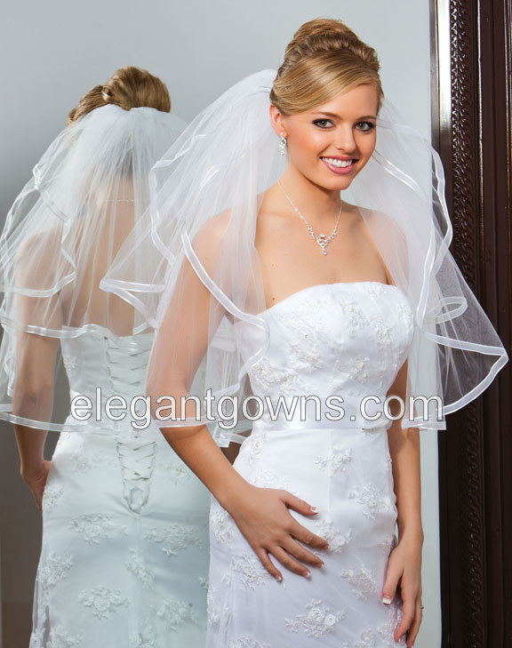 2 Tier Elbow Length Sheer Ribbon Edge 1 Wedding Veil S1-252-1SR - Click Image to Close