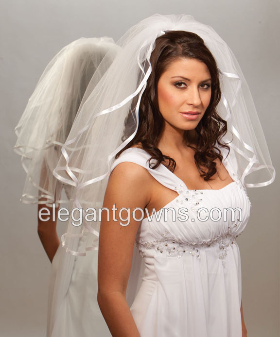 2 Tier Elbow Length 3/8" Ribbon Edge Wedding Veil S1-252-3R - Click Image to Close