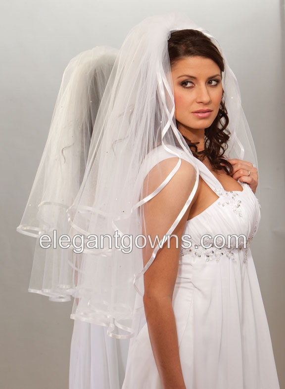 2 Tier Waist Length 3/8" Ribbon Edge Wedding Veil S1-302-3R-RS - Click Image to Close