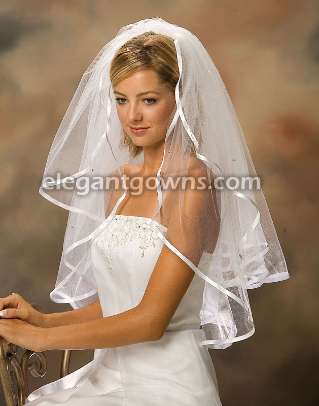2 Tier Waist Length 3/8" Ribbon Edge Wedding Veil S1-302-3R-RS - Click Image to Close