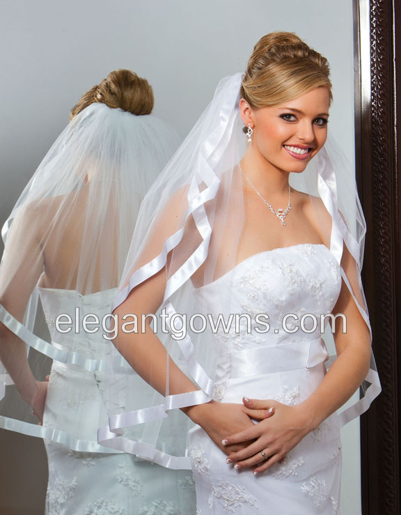 2 Tier Waist Length 7/8" Ribbon Edge Wedding Veil S1-302-7R - Click Image to Close