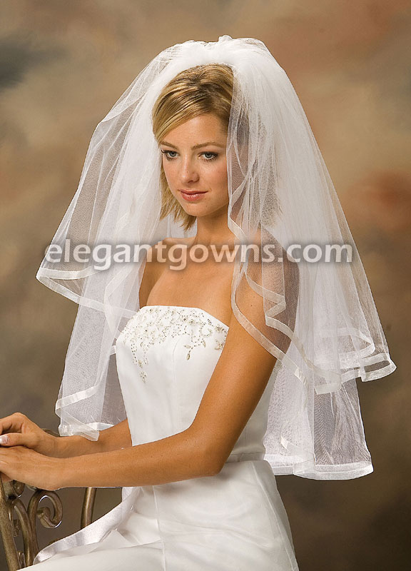 2 Tier Waist Length 5/8" SheerRibbon Edge Wedding Veil S1-302-SR - Click Image to Close