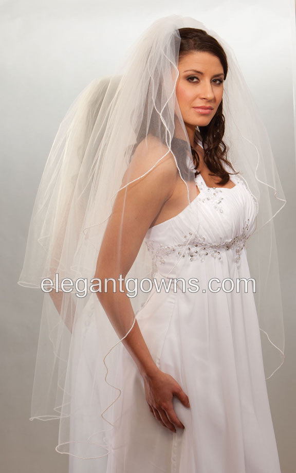 2 Tier Knee Length Pearl Edge Standard Cut Wedding Veil S1-452-P - Click Image to Close