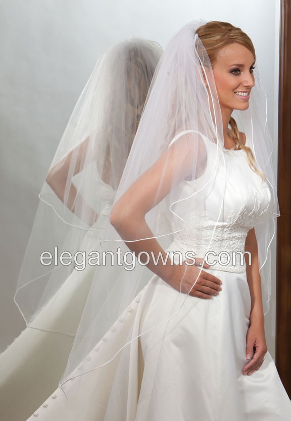 2 Tier Knee Length Rattail Edge Wedding Veil S1-452-RT - Click Image to Close