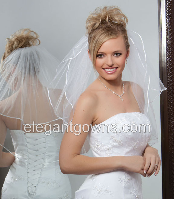 2 Tier Elbow Length 1/8" Ribbon Edge Wedding Veil S7-252-1R - Click Image to Close