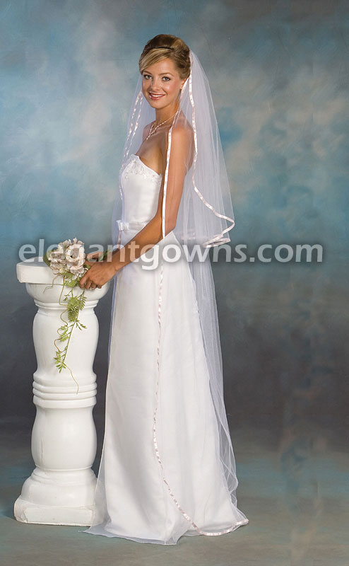 2 Tier Floor Length Veil with 3/8" Pink Ribbon Edge S7-722-3R-PK - Click Image to Close